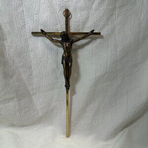 Vintage Brass Wall Crucifix Religious Jesus On Cross 10" INRI Inscription